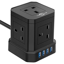 Load image into Gallery viewer, Cube Extension Lead with USB Slots, 5 Way Plug Extension with 4 USB(3.1A), KEPLUG Black Multi Plug Power Strip 2m Extension Cable,3250W/13A UK Power Socket Extension Cord for Desk Home Office Travel
