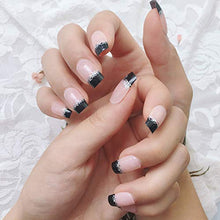 Load image into Gallery viewer, YUNAI French Fake Nail Nude Nails with Black and Glitter Top Artificail Nails for Daily Wear Medium-Long Size Nails
