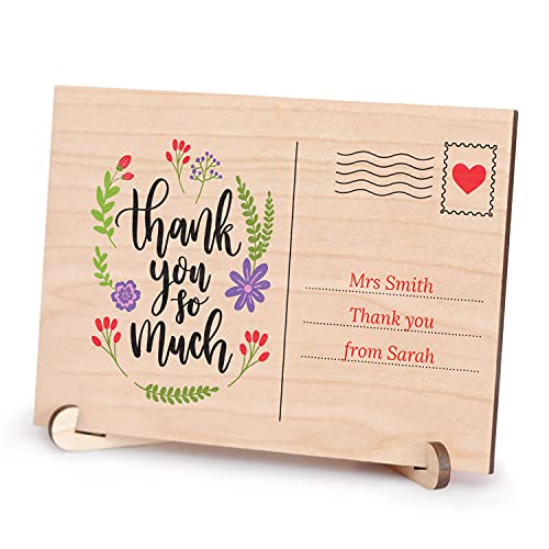 PERSONALISED Teacher Appreciation Gifts - Thank You Gifts for Teacher, Teaching Assistant, TA, Head Teacher, Childminder, Key Worker - A6 Size Printed Wooden Teacher Thank You Postcard Gifts