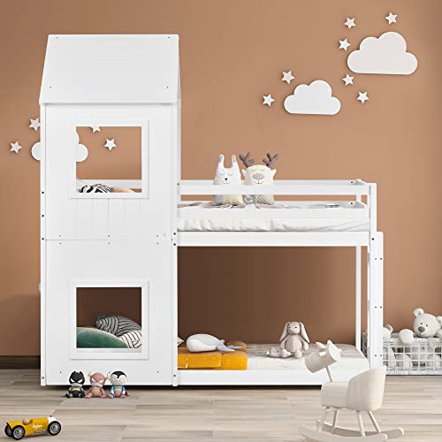 belupai 3FT Treehouse Bunk bed, Home Detail Childrens Cabin Bed Frame, Mid-Sleeper with Treehouse Canopy & Ladder (white)