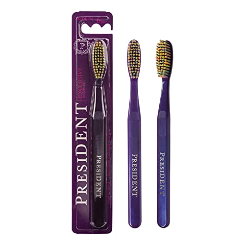 PRESIDENT Exclusive Medium Toothbrush -- Cleans and Removes Plaque, Tartar and Staining to Prevent Cavities -- 6 MIL (Purple/Multicolour)
