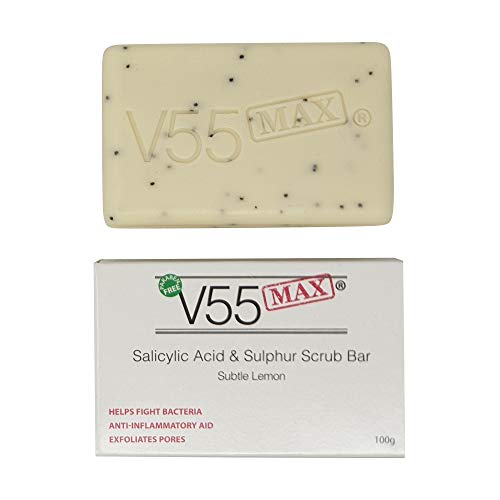 V55 MAX Salicylic Acid, Tea Tree Oil and Sulphur Soap Scrub for Spots Blackheads Milia Blemishes Problem Skin Suitable and Safe for those Prone to Acne - Paraben and Cruelty FREE - 100 grams
