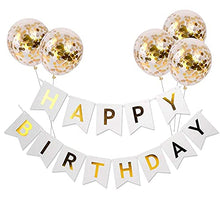 Load image into Gallery viewer, Meowoo Happy Birthday Banner Birthday Bunting with 5 Gold Confetti Latex Balloons Perfect for Birthday Party Decorations - White
