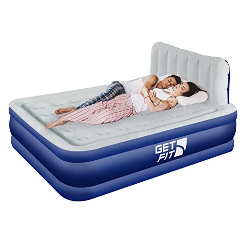 Get Fit Air Bed With Built In Electric Pump - Premium King Airbed - Quick Blow Up Bed With Headboard, 2 Free Inflatable Pillows - Elevated Inflatable Air Mattress For Outdoor, Camping - Navy/White