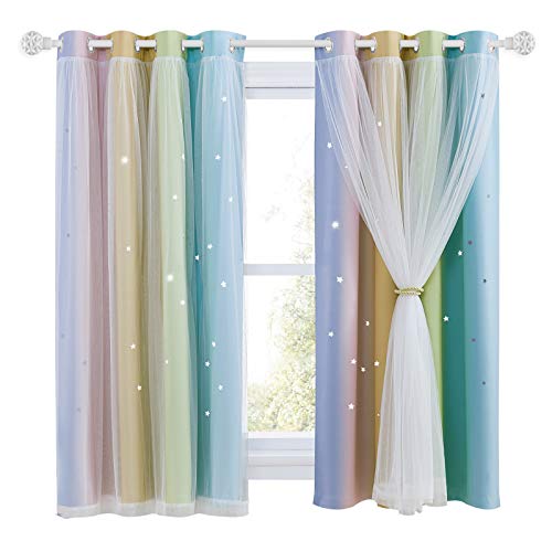 NICETOWN Kids Blackout Curtains - Colourful Cut Out Stars Blackout Panels Thermal Eyelet Curtains with White Sheer for Baby's Room/Bedroom/Nursery, 2 PCs, 52 x 63-inch, Rainbow