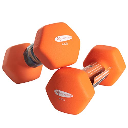 ACTIVE FOREVER Dumbbells Set of 2, Hex Dumbbells Pair, Neoprene Waterproof Non-slip Dumbells Set (Orange 2×4kg)