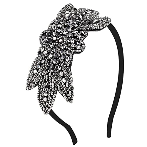 1920s Flapper Headband - Pearls Leaf Headpiece Crystal Vintage 1920 Accessories For Women Gatsby Halloween Theme Party, Black-2, M