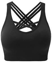 Load image into Gallery viewer, ANGOOL Padded Sports Bra Wirefree Mid Impact Yoga Bras Unique Cross Back Strappy for Gym Yoga Black
