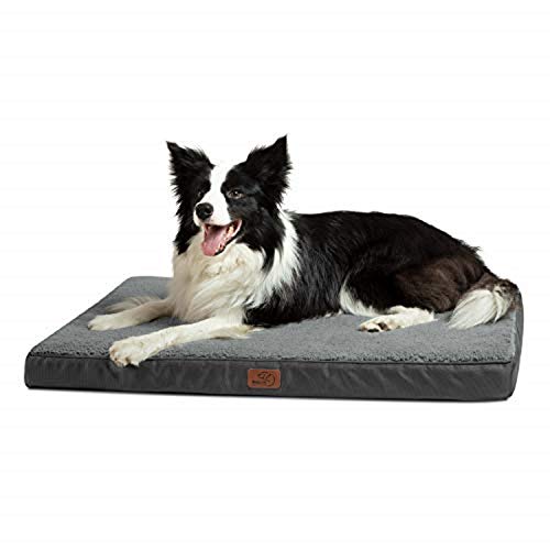 Bedsure Large Dog Bed Washable - Dog, Memory Foam Orthopedic Dog Mattress and Pillow Mat for Dog Crate with Removable Plush Sherpa Cover, Grey, 91.5x68.6x7.6cm