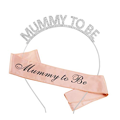 HOWAF Baby Shower Sash Party Decoration Mummy To Be Sash and Tiara, Mummy To Be Rhinestone Crown Headband Mum To Be Gifts Party Accessories for Her, White And Rose Gold