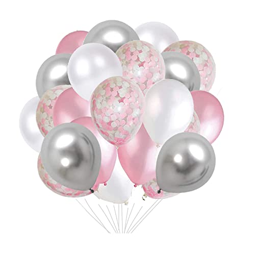 YELYAN 60PCS Balloons Set, 12 Inches Shiny Pink & White Confetti Balloons, White Pink Latex Balloons Silver Metallic Balloons Helium Balloons for Wedding Birthday Party Decoration