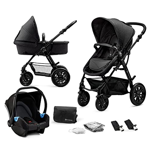 Kinderkraft Pram 3 in 1 Set MOOV, Travel System, Baby Pushchair, Buggy, Foldable, with Infant Car Seat, Accessories, Rain Cover, Footmuff, for Newborn, from Birth to 3 Years, Black