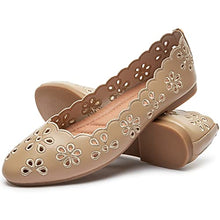 Load image into Gallery viewer, Women's Ballet Flats Black PU Leather Dress Shoes Comfortable Round Toe Slip on Flats with Floral Eyelets, Apricot, 5 UK
