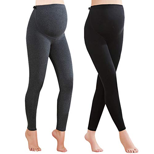 Foucome 2 Pack Maternity Leggings Full Ankle Length Cotton Super Soft Support Leggings Grey + Black, UK M