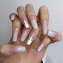 Load image into Gallery viewer, Handcess Coffin Glossy False Nail Long Ballerina Press on Nails Pink Gradient Acrylic Art Full Cover Fake Nails Flame Stick on Nail for Women and Girls(24Pcs)

