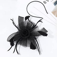 Load image into Gallery viewer, Fashband Fascinator Hat Flower Mesh Feather Headband with Hair Clip Black Cocktail Headwear Bridal Wedding Hair Accessories for Women and Girls
