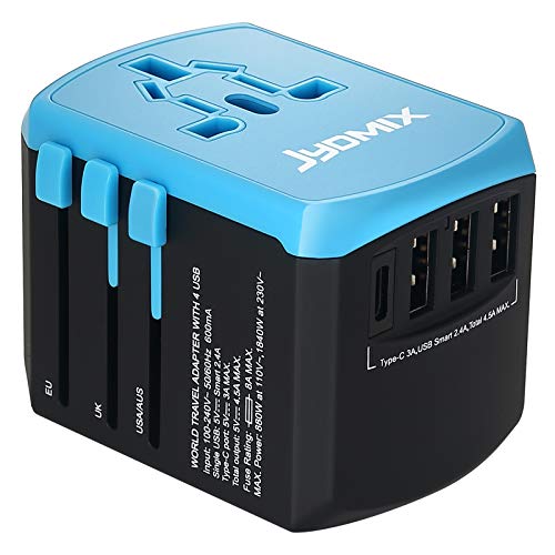 JYDMIX All In One Universal USB Travel Power Adapter With 3 USB Port And Type-C International Wall Charger Worldwide AC Power Plug 8 Pin AC Socket For Multi-nation Travel (Black)