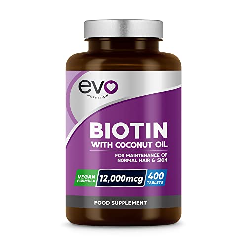 Biotin Hair Growth Supplement 12,000mcg with Coconut Oil | 400 High Strength Biotin Tablets for Hair - 13 Month Supply | Vitamin B7 | Support Normal Skin & Hair Growth | Made in UK by EVO Nutrition