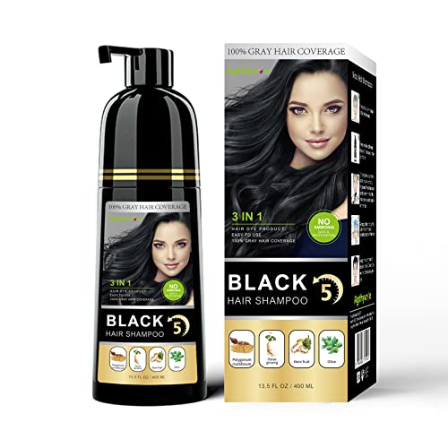 Herbal 3 in 1 Black Hair Shampoo 13.53 Fl Oz, Instant Black Hair Dye, Semi- Permanent Hair Dye Shampoo for Men & Women, 100% Gray Hair Coverage, Effect in 5 Minutes, Lasts 30 Days 400ml (Black)