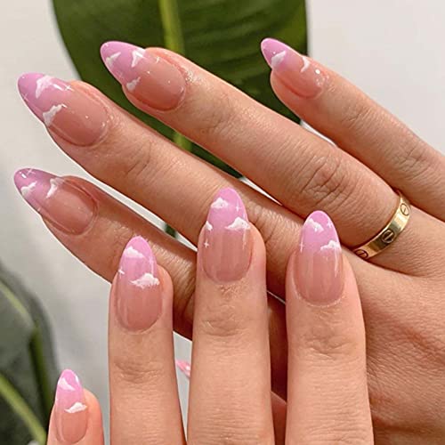 Medium Press on Nails Almond Fake Acrylic Nails Full Cover False Nails for Women and Girls24PCS (Pink Cloud)