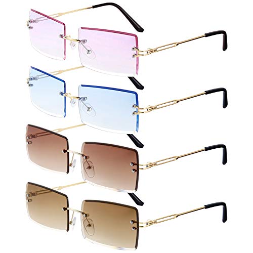 Joeleli 4 Pairs Rimless Rectangle Sunglasses for Women Men Frameless Vintage Square Glasses