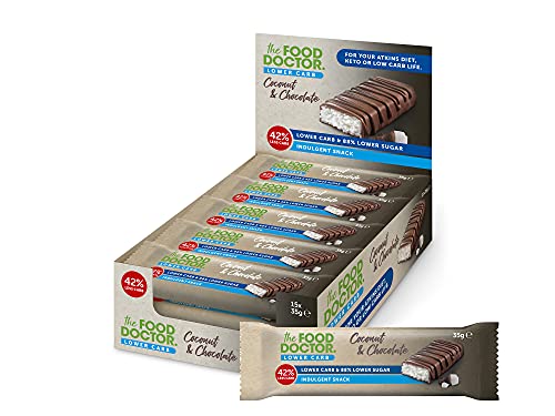 The Food Doctor Chocolate Bar, Keto Snacks, Low Carb, Low Sugar Chocolate Coconut Snack Bar, Multipack of 15
