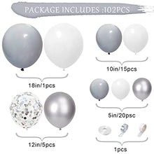 Load image into Gallery viewer, Silver Grey White Balloon Arch Kit - 105 Pcs - Easy to Assemble Helium Balloon Arch Kit with Accessories - White Confetti Birthday Decorations and Wedding Party and Kids Shower Party Balloon
