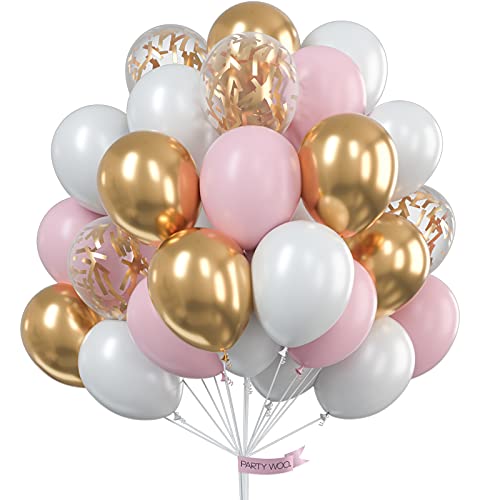 PartyWoo Balloons Pink Gold, 60 Pieces 12 Inch Balloons Pink, Balloons Gold, Balloons White, Balloons Pink Gold for Baby Party Decoration, Baby Shower Decoration Girls, 4711100061636, Rose Gold