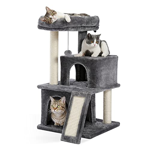 Amazon Brand – Eono Cat Tree 86cm Sisal Scratching Post Kitten Furniture Plush Condo Playhouse with Dangling Toys Cats Activity Centre Grey