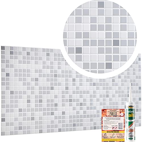 Novecrafto Grey Mosaic Pattern PVC Wall Cladding Panels - Real Tile Look & Feel 3D Design - 20 panels - 9 sqm | 96.8 sqf PVC Plastic Panelling Sheets For Bathroom & Kitchen Splashback & Backsplash