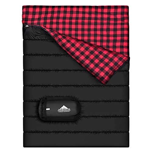 Cotton Flannel Double Sleeping Bag For Camping, Backpacking Or Hiking. Queen Size 2 Person Waterproof Sleeping Bag For Adults Or Teens. Truck, Tent, Or Sleeping Pad, Lightweight (Black/Red)