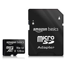 Load image into Gallery viewer, Amazon Basics - 128GB microSDXC Memory Card with Full Size Adapter, A2, U3, read speed up to 100 MB/s, Black
