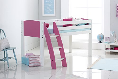 Scallywag Kids Cabin Mid-Sleeper Bed Shorty Narrow - Curved Ladder - End Panel & Ladder In 8 Colour Options - Made In The UK. Pink Ladder & End Panels.