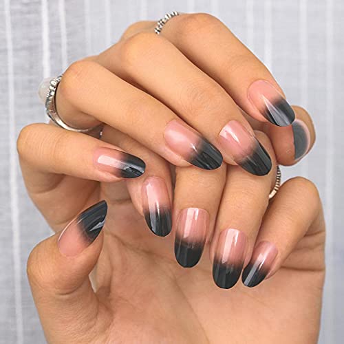 Sethexy Short Glossy Oval Fake Nails Glitter Acrylic Art Nail Tips 24Pcs Gradient Nails with Glue Full Cover Press on False Nails for Women and Girls (Black)