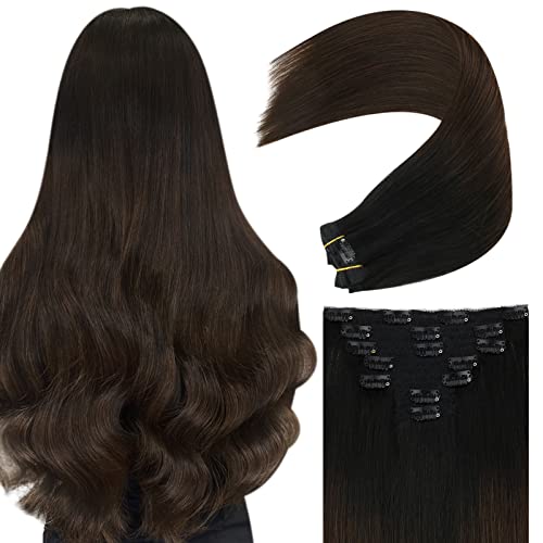 YoungSee Black Ombre Clip in Hair Extensions 14 Inch Black Ombre Hair Extensions Clip in Real Hair Ombre Black to Dark Brown Natural Hair Extensions Clip in Human Hair 7pcs 100g