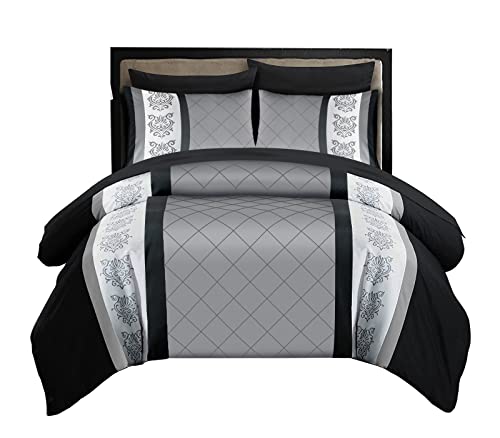 LAZZARO King Size Duvet Set, Non-Iron Kingsize Duvet Covers Bedding Sets, 3 Pcs with Zipper Closure + 2 Pillowcases 230 cm x 220cm Black/White/Grey