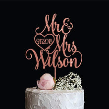 Load image into Gallery viewer, Mr &amp; Mrs Wedding Cake Topper with Last name and Date, Elegant Custom Mr and Mrs Cake Topper, Personalised cake topper also available in Rose Gold, Gold, Silver or Champagne Glitter
