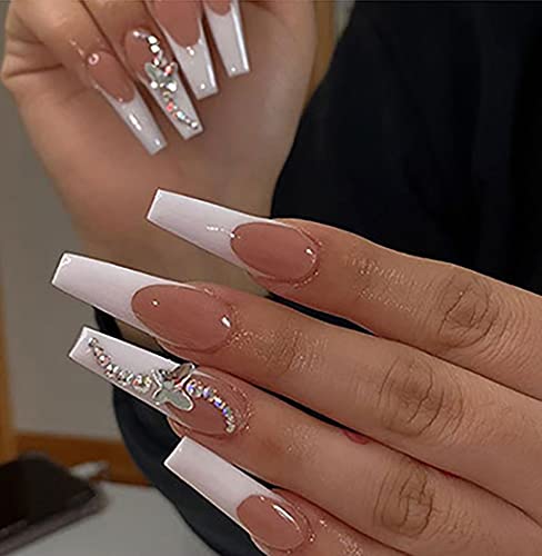 Brishow Coffin False Nails French Long Fake Nails Butterfly Press on Nails Ballerina Acrylic Stick on Nails 24pcs for Women and Girls