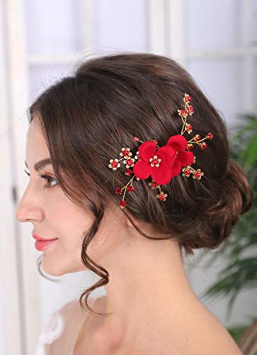 Sither Red Hair Clip for Bridal Floral Hair Comb for Women Wedding Hair Accessories for Bride Hair Clip Headpiece for Wedding Party Prom Gift