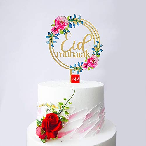 Elegant Eid Mubarak Ramadan Gold Flower Acrylic Reusable Cake Topper Party Decoration