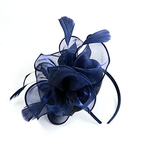 Fascinator Hat Feather Mesh Net Veil Party Hat Ascot Hats Flower Derby Hat with Clip and Hairband for Women (G1-DARKBLUE)(Size:L)