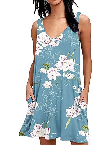 AUSELILY Women's Beach Dress Summer Casual Swing Dress V Neck Cover up Tank Mini Dresses with Pockets Floral Light Blue L