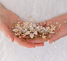 Load image into Gallery viewer, SWEETV Handmade Wedding Hair Comb Pearl Floral Leaf Bridal Hair Accessories for Brides and Bridesmaid

