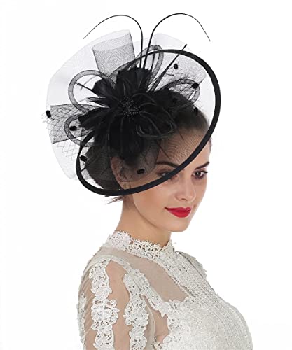 Lucky Leaf Women Girl Fascinators Hair Clip Hairpin Hat Feather Cocktail Wedding Tea Party Hat (1-8-Black)(Size: Medium)