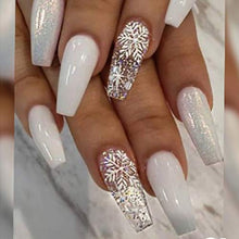 Load image into Gallery viewer, Sethexy Medium White Fake Nails Ballerina Glitter Stick on Nails Glossy Coffin False Nails Snow Nails with Glue 24Pcs Acrylic Art Press-on Nail Tips for Women and Girls
