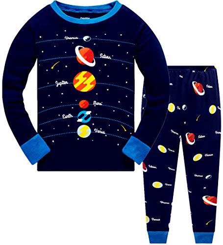 Boys Pyjamas Set 100% Cotton Planet Pjs Toddler Long Sleeve Sleepwear Kids Clothes 2 Piece Outfit Space T Shirt 6-7 Years