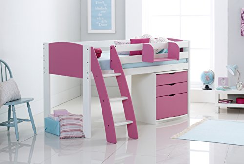 Scallywag Kids Children's Mid Sleeper Cabin Bed Shorty Including 3 Drawer Chest & Hook On Shelf - Curved Ladder - Pink. Made In The UK. (181 x 98cm - Frame & Furniture Only, Pink)