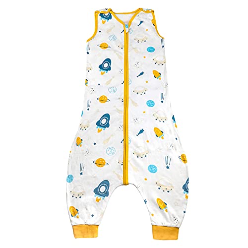 FLYISH DIRECT Sleeping Bag with Feet, 0.5 Tog Sleeping Bag Baby, Toddler Sleeping Bag with Legs, 100% Cotton Baby Sleeping bag Summer, Toddler Sleeveless Sleep Sack (S, 9-18 months, Yellow Spaceship)