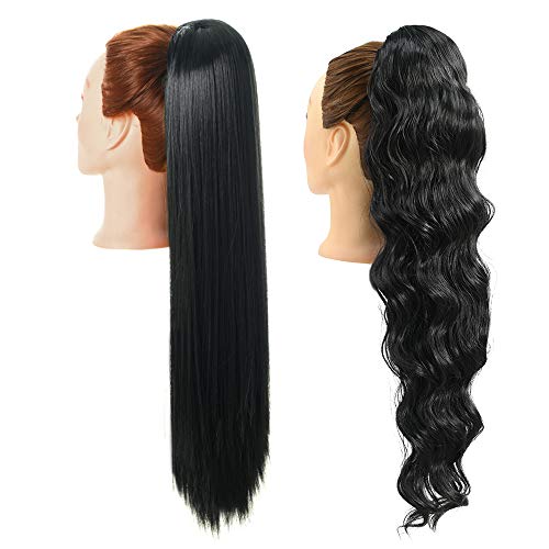 2 Pieces 24 inches Long Black Straight and Wavy Ponytail Hair Extension Drawstring Ponytail Extensions Synthetic Ponytail Hair Extensions Hairpiece for Women