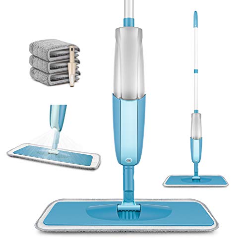 Spray Floor Mop, PAPCLEAN Microfibre Spray Mop with 3 Reusable Pads and 410ML Refillable Bottle, 360 Degree Spin Mop Suitable for Hardwood, Marble, Tile, Laminate, or Ceramic Floors - Cyan Blue